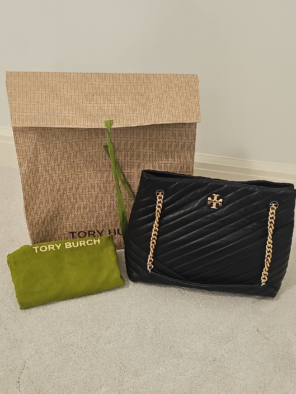 Tory Burch Kira Black Chevron Quilted Chain Tote Bag